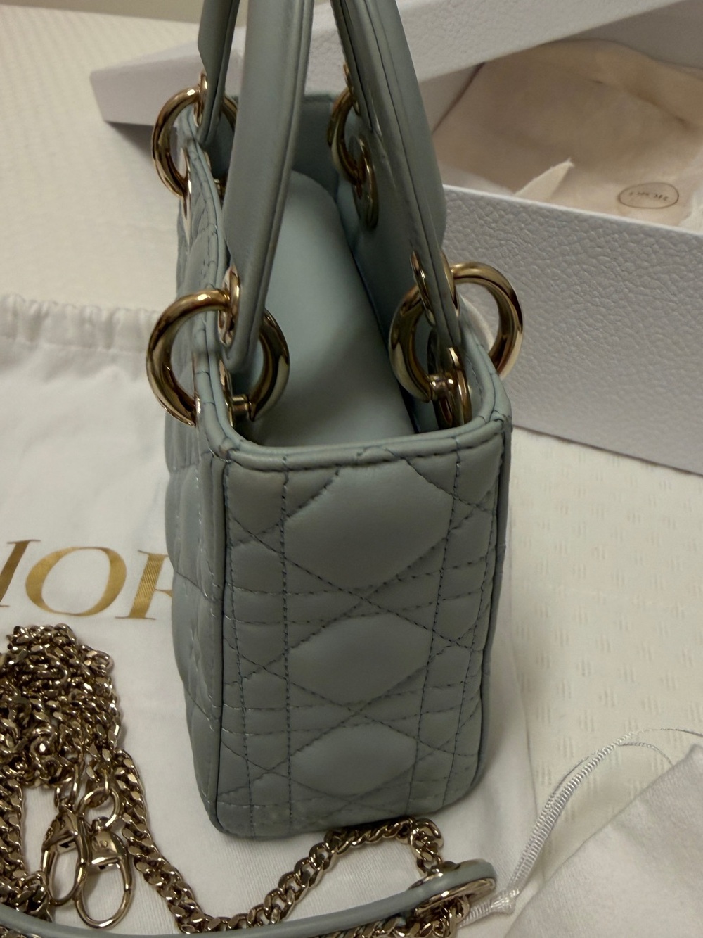 Dior Mini Lady Dior Top Handle Bag in Pale Slate Gray with Gold Hardware - Picture 5 of 10